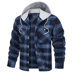 TACVASEN Grey Blue Men's Buffalo Plaid Hooded Casual Shirt Jacket