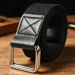 TACVASEN Black Double - Loop Buckle Canvas Leather Belt