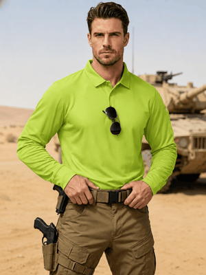 TACVASEN Yellow Green Long Sleeve Quick Dry Tactical Performance Polo Shirt