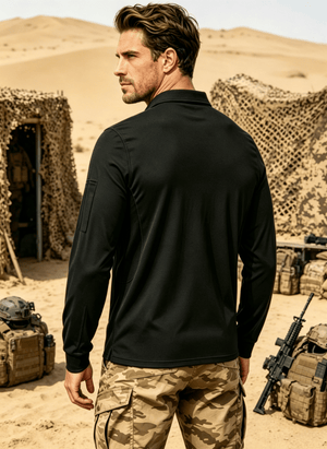 TACVASEN Black Long Sleeve Quick Dry Tactical Performance Polo Shirt