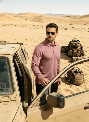TACVASEN Greyish Pink Long Sleeve Quick Dry Tactical Performance Polo Shirt
