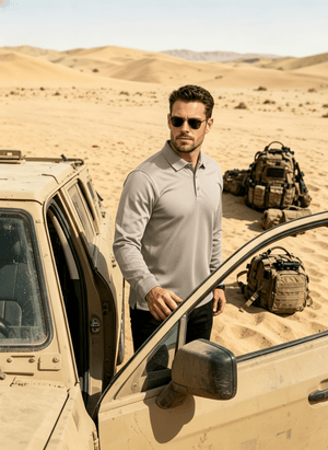 TACVASEN Khaki Long Sleeve Quick Dry Tactical Performance Polo Shirt