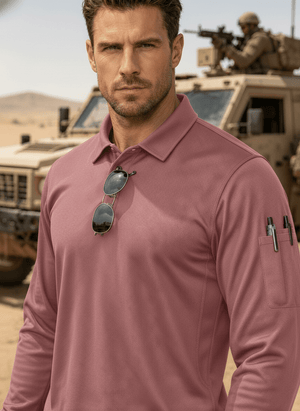 TACVASEN Greyish Pink Long Sleeve Quick Dry Tactical Performance Polo Shirt