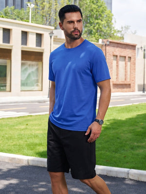 TACVASEN Bright Blue Men Plain Cotton Moisture Wicking Casual T-Shirts