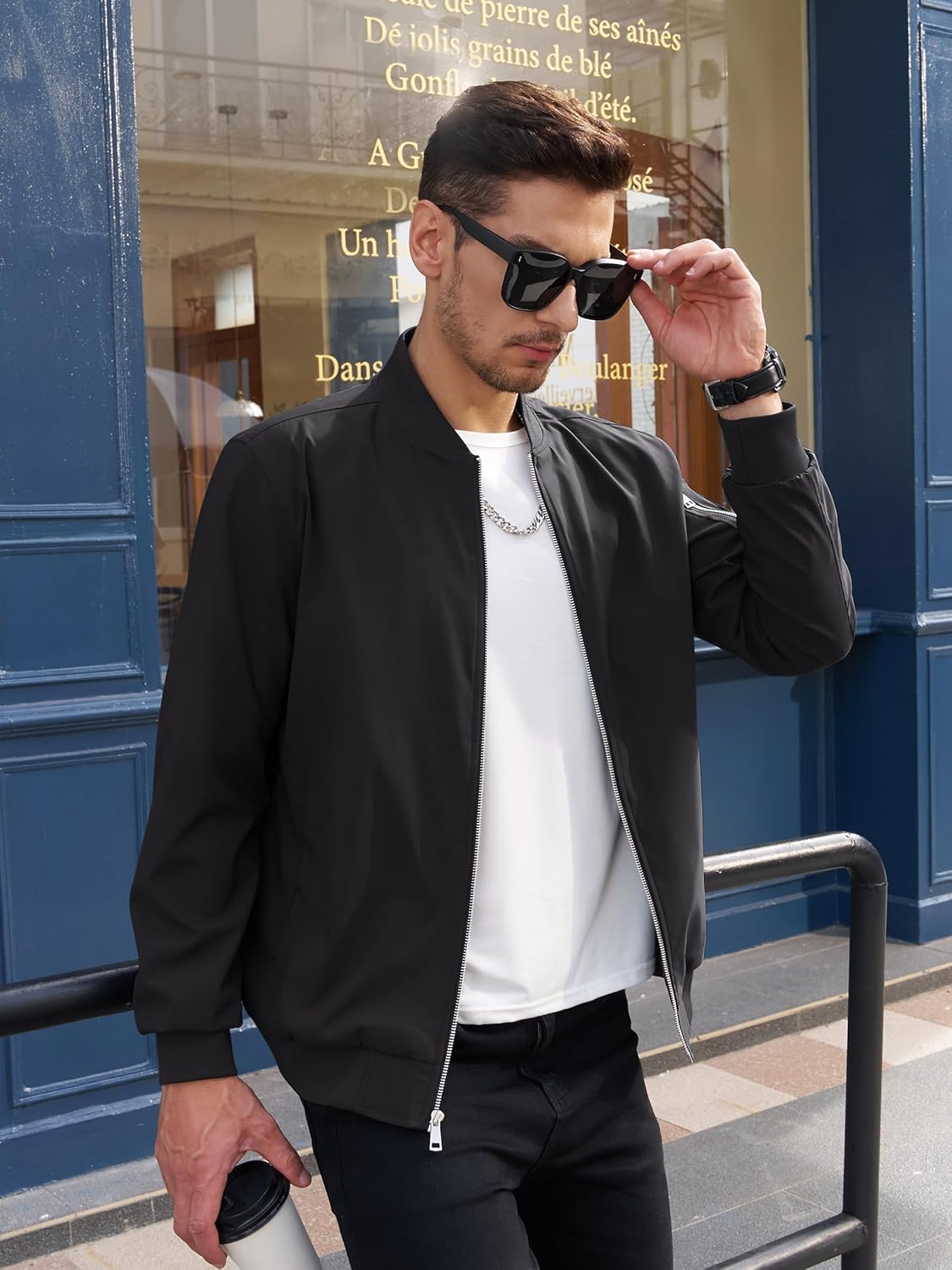 TACVASEN Black Men's Bomber Jacket Lightweight Windbreaker Plaid Lined