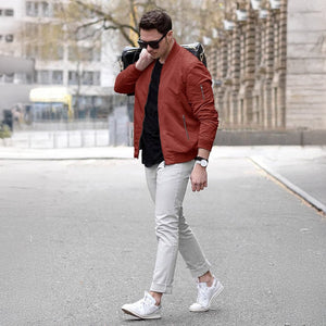 TACVASEN Orange Red Vintage Bomber Flight Jacket Zip - Pocket