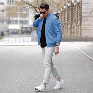 TACVASEN Light Blue Vintage Bomber Flight Jacket Zip - Pocket
