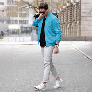 TACVASEN Ice Blue Vintage Bomber Flight Jacket Zip - Pocket