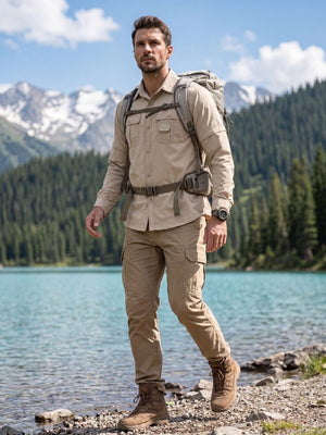 TACVASEN Khaki Men's Breathable Quick-Dry Convertible Outdoor Shirt