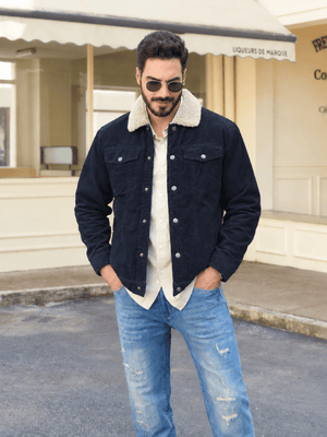 TACVASEN Navy Men's Corduroy Jacket Sherpa Lined Warm Winter Coat Cargo Jacket