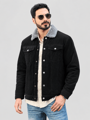 TACVASEN Black Men's Corduroy Jacket Sherpa Lined Warm Winter Coat Cargo Jacket