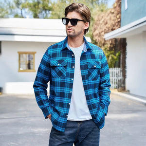 TACVASEN Blue White Men's Cotton Flannel Shirt Plaid Lightweight Jacket