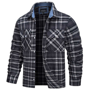TACVASEN Black Grey Men's Cotton Flannel Shirt Plaid Lightweight Jacket