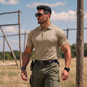 TACVASEN Khaki Men's Dry Fit UPF 50+ Golf Workwear Tactical Polo Shirt
