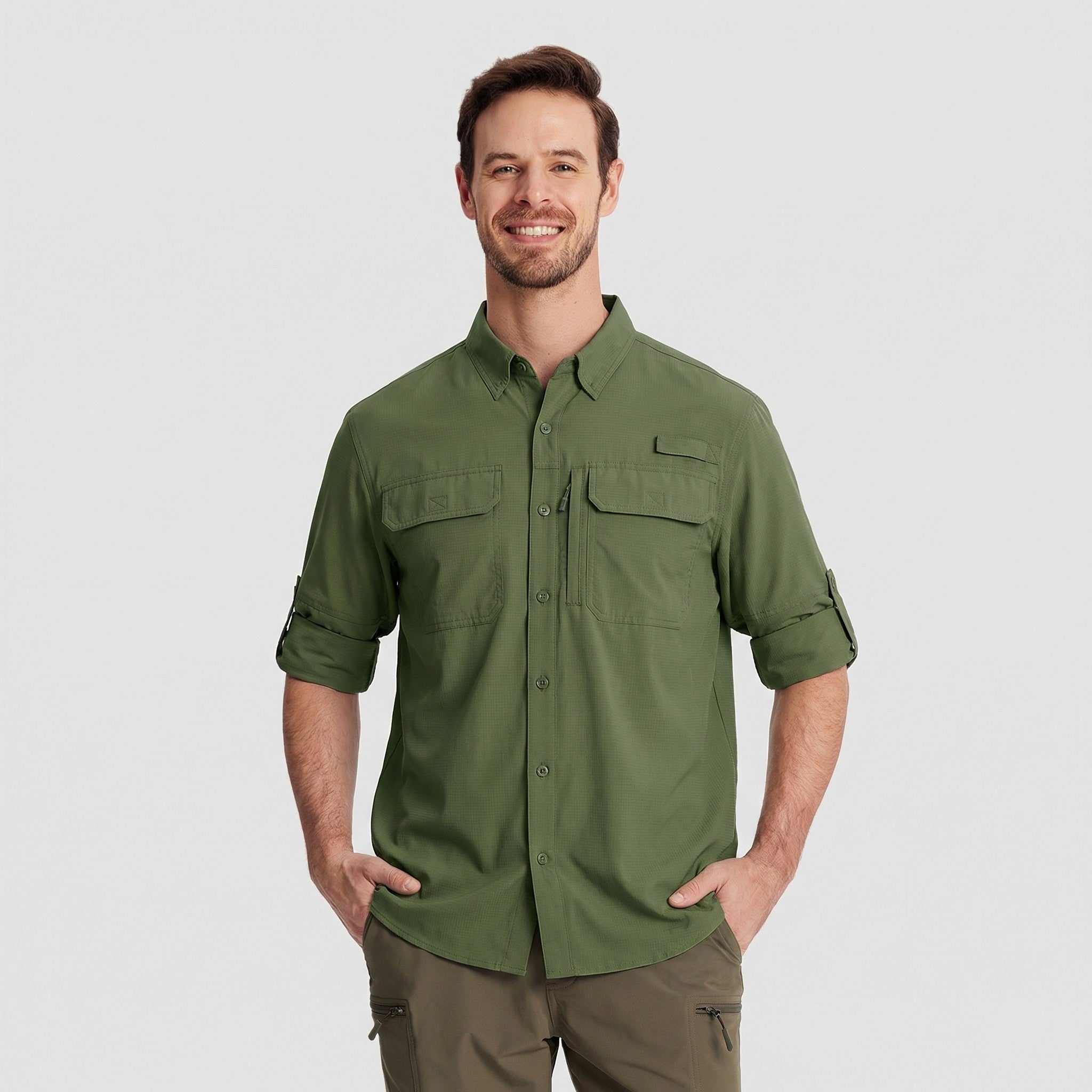 TACVASEN Army Green Men's Fishing Shirts UPF Sun Protection Shirts with Zipper Pockets