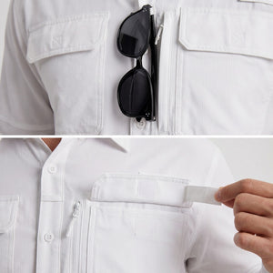 TACVASEN White Men's Fishing Shirts UPF Sun Protection Shirts with Zipper Pockets