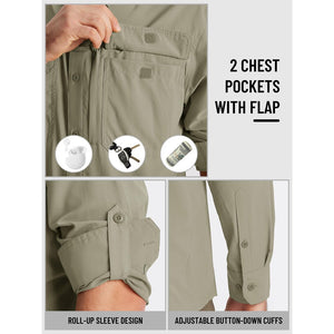 TACVASEN Army Green Men's Fishing Shirts UPF Sun Protection Shirts with Zipper Pockets