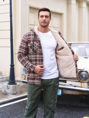 TACVASEN Brown Men's Flannel Plaid Shirt Jacket With 5 Pockets