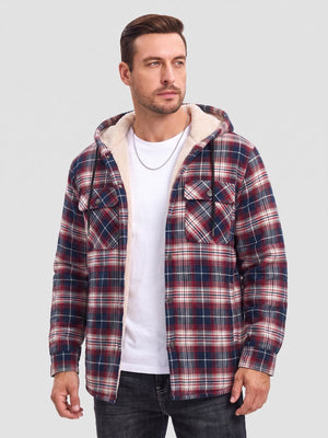 TACVASEN Red Men's Flannel Plaid Shirt Jacket With 5 Pockets