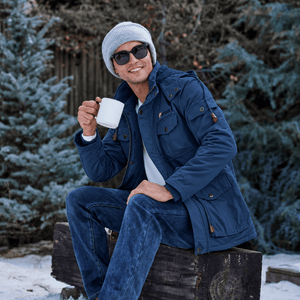 TACVASEN Denim Blue Men's Fleece Lined Cargo Jacket Warm Coat with Hood