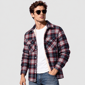 TACVASEN Red White Men's Heavyweight Casual Fleece Lined Flannel Work Jacket