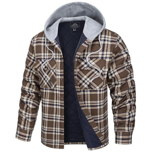 TACVASEN Brown Men's Hooded Thick Plaid Flannel Long Sleeve Winter Cotton Coat with Pockets