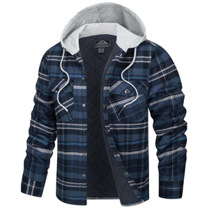 TACVASEN Blue Grey Men's Hooded Thick Plaid Flannel Long Sleeve Winter Cotton Coat with Pockets