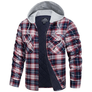 TACVASEN Red White Men's Hooded Thick Plaid Flannel Long Sleeve Winter Cotton Coat with Pockets