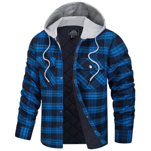 TACVASEN Blue Men's Hooded Thick Plaid Flannel Long Sleeve Winter Cotton Coat with Pockets