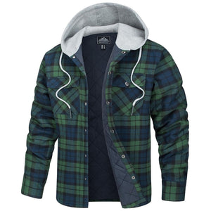 TACVASEN Green Men's Hooded Thick Plaid Flannel Long Sleeve Winter Cotton Coat with Pockets