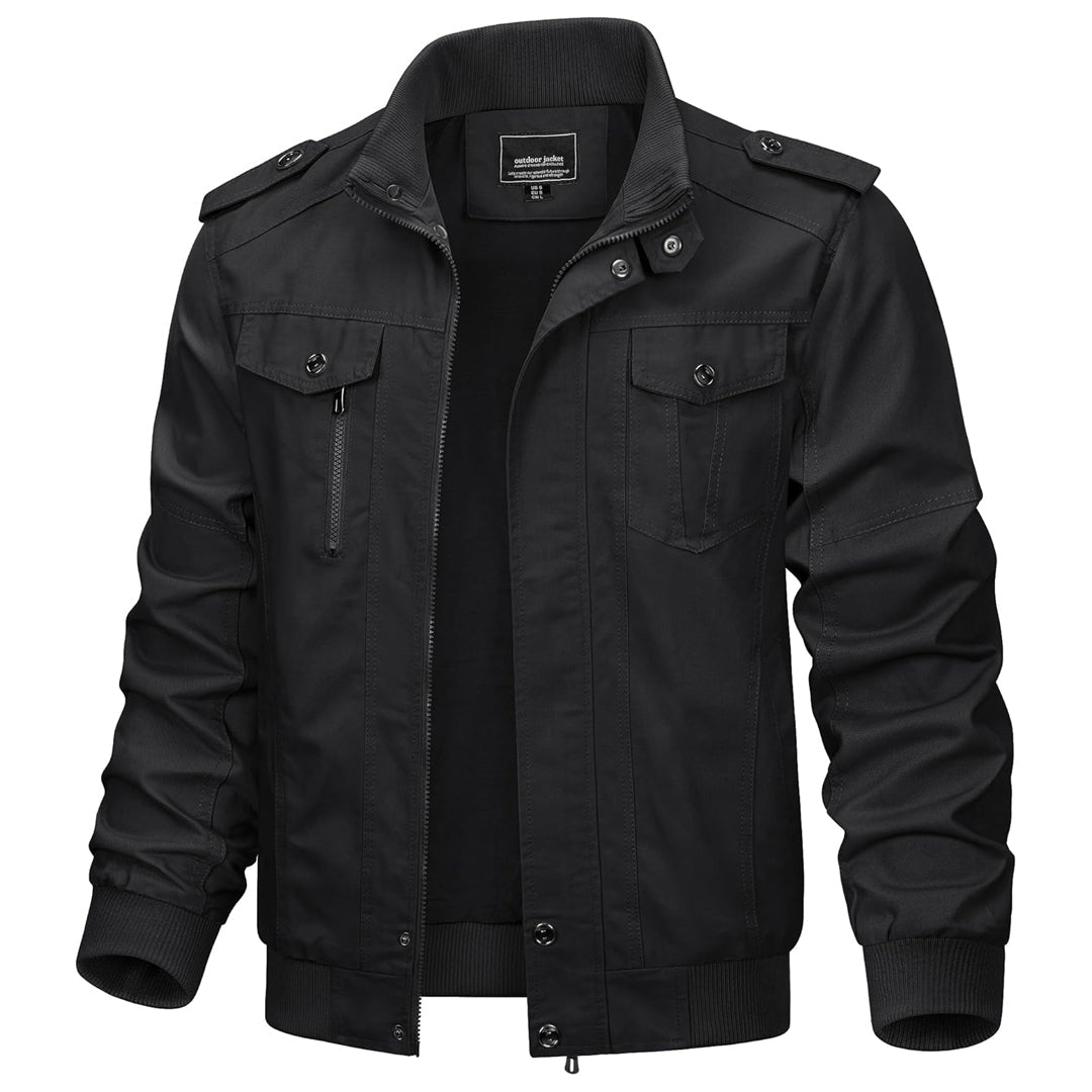 TACVASEN Black Men's Lightweight Casual Cotton Cargo Jacket