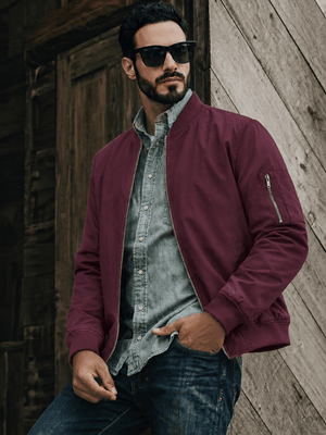 TACVASEN Wine Red Men's Lightweight Multi Pocket Jacket - Bomber Windbreaker for Work