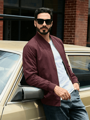 TACVASEN Wine Red Men's Lightweight Multi Pocket Jacket - Bomber Windbreaker for Work