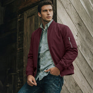 TACVASEN Wine Red Men's Lightweight Multi Pocket Jacket - Bomber Windbreaker for Work