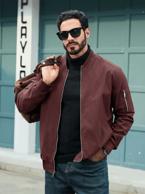 TACVASEN Wine Red Men's Lightweight Multi Pocket Jacket - Bomber Windbreaker for Work
