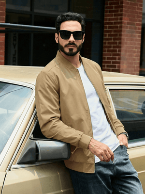 TACVASEN Khaki Men's Lightweight Multi Pocket Jacket - Bomber Windbreaker for Work
