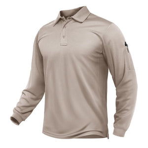 TACVASEN Khaki Long Sleeve Quick Dry Tactical Performance Polo Shirt