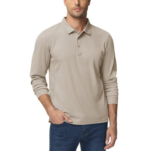 TACVASEN Khaki Long Sleeve Quick Dry Tactical Performance Polo Shirt