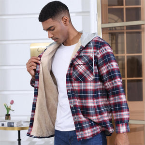 TACVASEN Red White Men's Multiple Pockets Flannel Plaid Shirts Fleece Lining Jacket with Hood