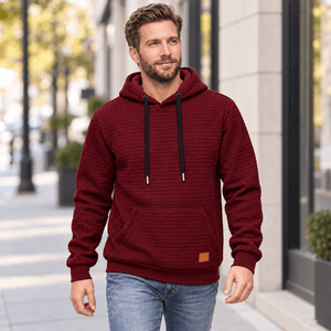TACVASEN Wine Red Men's Small Square Texture Hooded Pullover Shirt