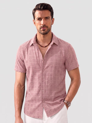 TACVASEN Light Pink Men's Textured Casual Button Down Short Sleeve