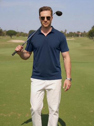 TACVASEN Navyblue Men's V Neck Short Sleeve Knitted Golf T Shirts