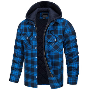 TACVASEN Blue Men's Quilted Plaid Flannel Detachable Hooded Jacket