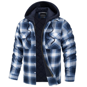 TACVASEN Blue White Men's Quilted Plaid Flannel Detachable Hooded Jacket