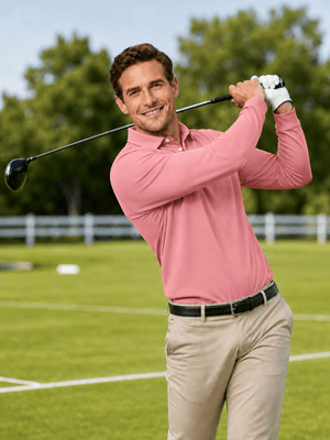 TACVASEN Grey Pink Quick-Dry Long Sleeve Polo Shirt for Golf & Work