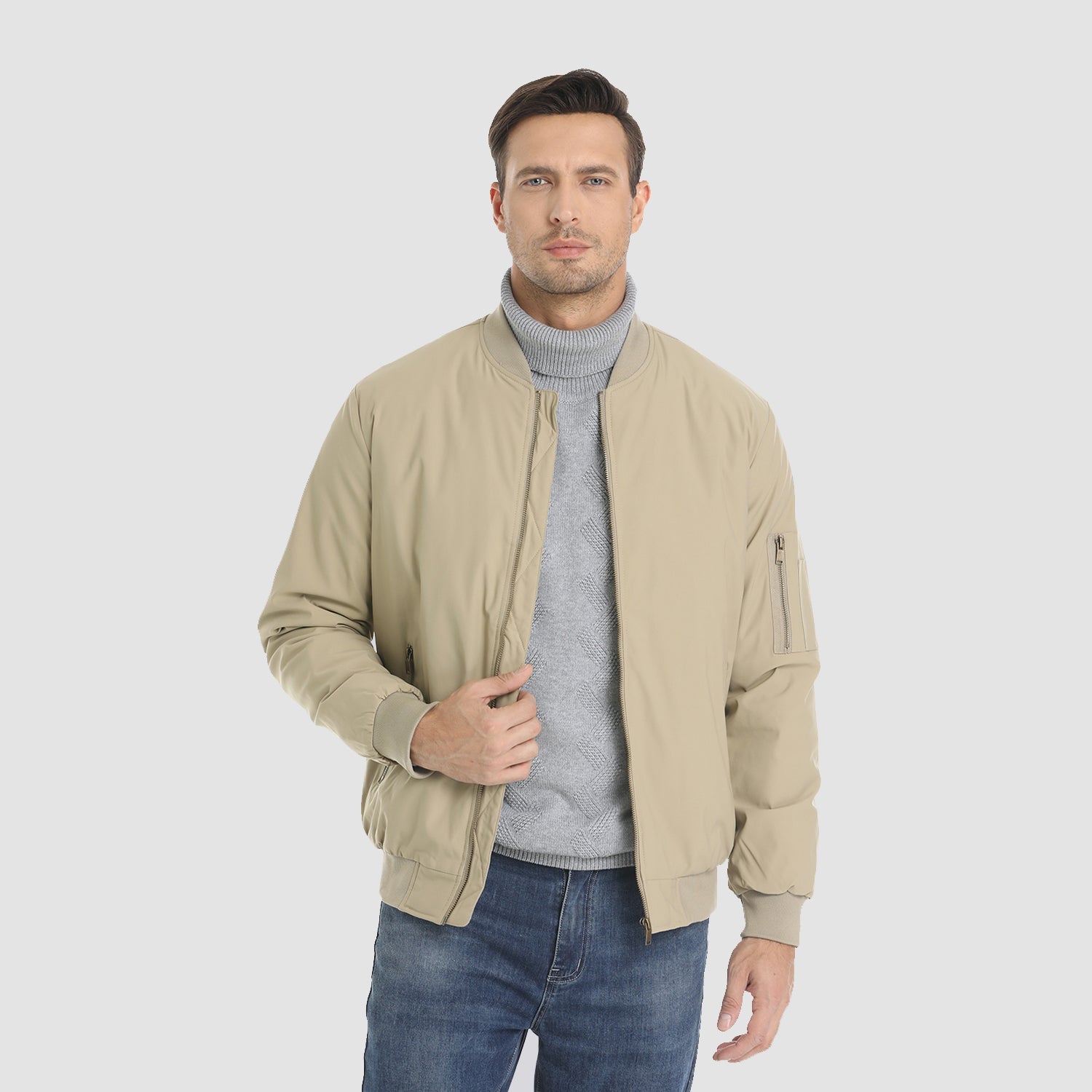 TACVASEN Khaki Vintage Bomber Jacket Padded Lined Coat