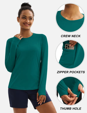 TACVASEN Emerald Green Women Long Sleeve Athletic Yoga UPF 50+ Tops