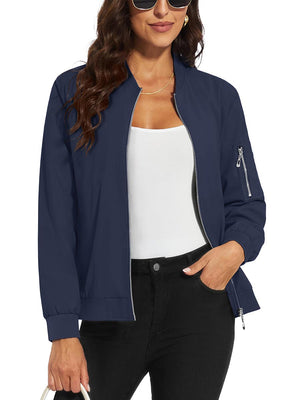 TACVASEN Navy Women's 4-Pocket Lightweight Casual Windproof Full-Zip Bomber Jacket