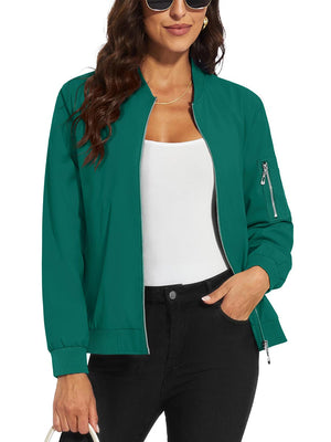 TACVASEN Emerald Green Women's 4-Pocket Lightweight Casual Windproof Full-Zip Bomber Jacket