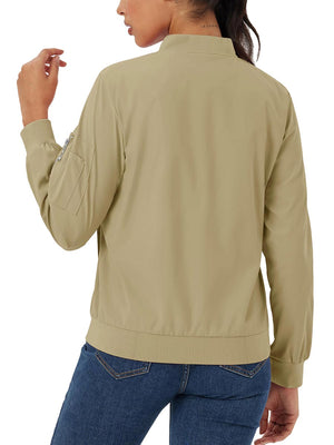 TACVASEN Khaki Women's 4-Pocket Lightweight Casual Windproof Full-Zip Bomber Jacket